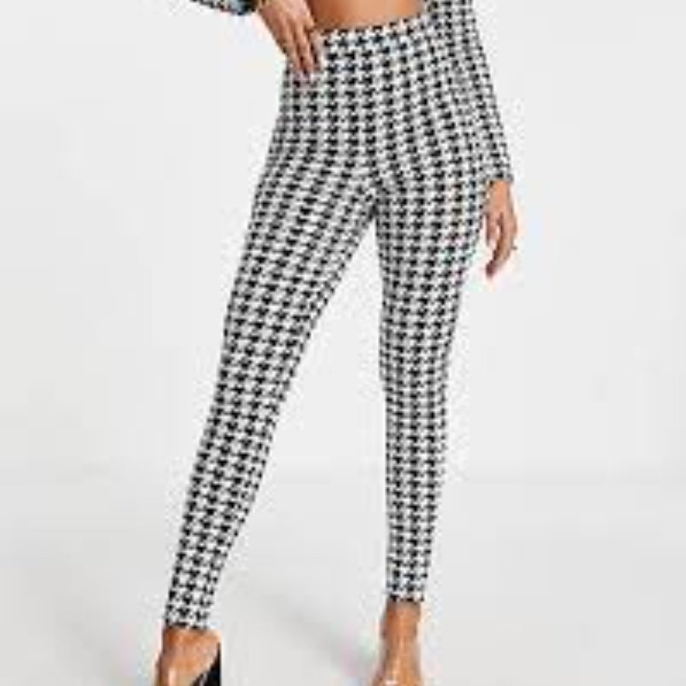 Asos Design Comfy Trendy Houndstooth Black White Jersey Skinny Hi Rise Pants 8